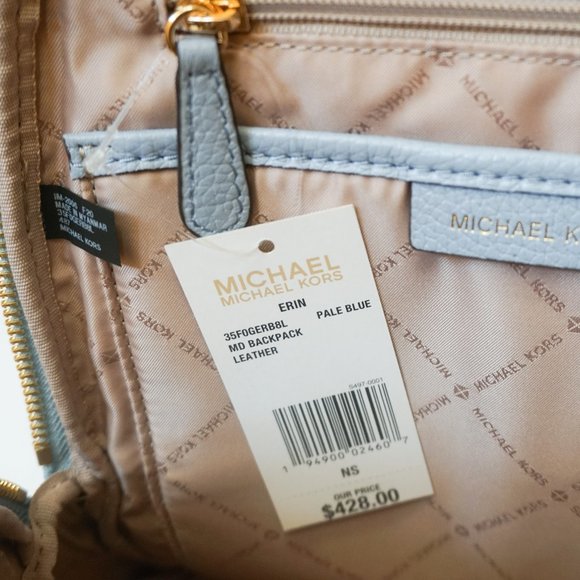 Michael Kors Erin Medium Backpack Pebbled Leather Pale Blue Gold Toned Studded - Picture 8 of 11